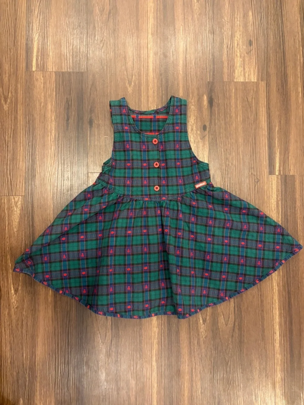 Vintage OshKosh Bgosh Green Plaid Sleeveless Girls Dress with Red Buttons - Picture 12 of 15